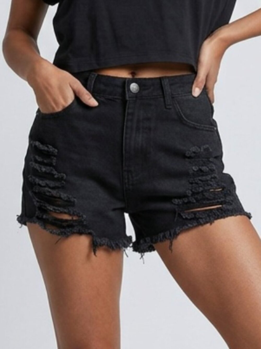 SHEIN Black Cut-off Distressed High Rise Denim Shorts Sz M